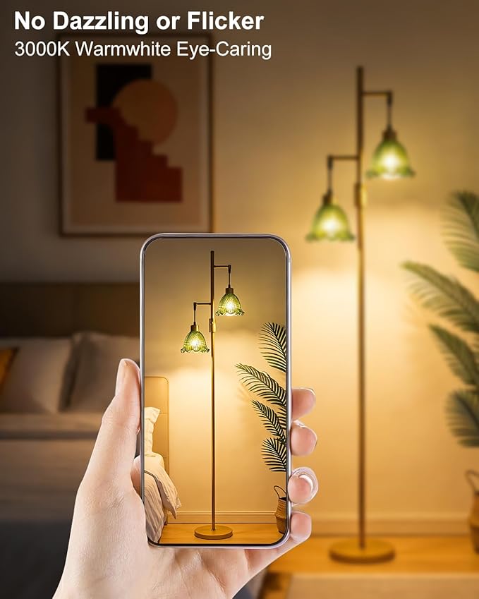 65IN Glass Floor Lamp, 2-Light Gold Tall Standing Lamps Dimmable with Green Glass Lampshade, 3000K Warmwhite Mid Century Modern Floor Lamp for Living Room/Bedroom/Sofa Beside/Home Decor