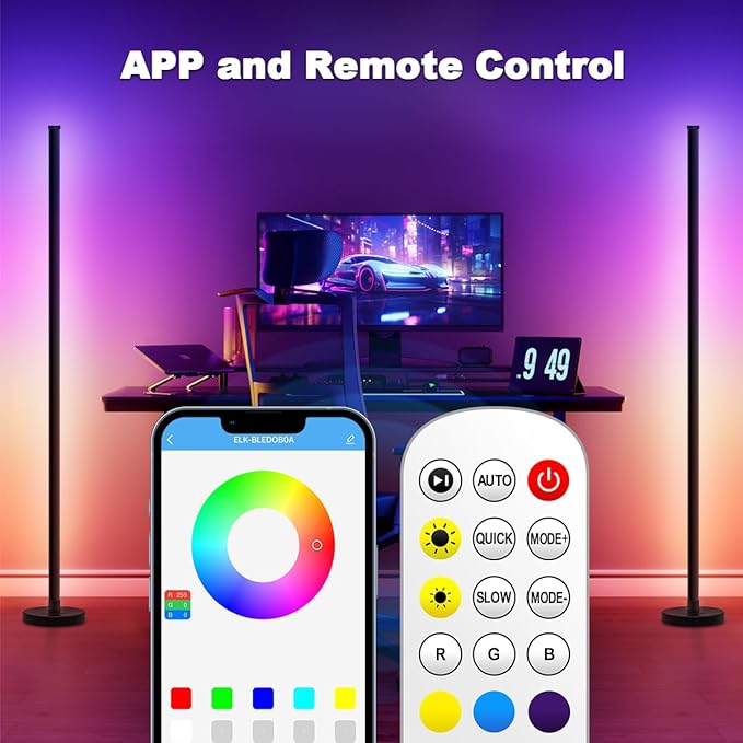 LED Floor Lamp, 63-Inch RGB Corner Light with Music Sync, Smart App Control, 16 Million Colors, Remote Control for Living Room, Bedroom, Gaming Room (2 Pack)