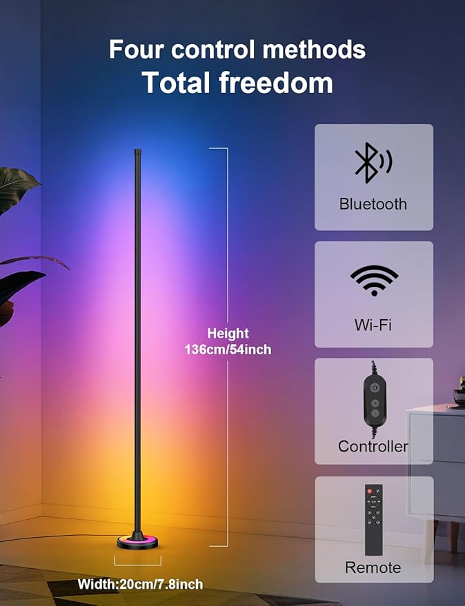 APPECK RGBW Corner Floor Lamp with Wi-Fi App Control, 60 Inch Smart Standing Lamps with 114 Scenes, DIY Mode, Music Sync, Modern Standing Lamps for Bedroom, Living Room