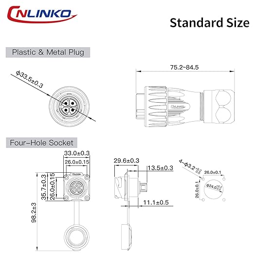 CNLINKO DH-24 4 PIN Industrial Waterproof Connectors, IP68 Circular Connector, Hard Metal Anti-Interference Shell, Quick Plug Aviation Connector, M24 Panel Mount Flange Socket (4-Pin)