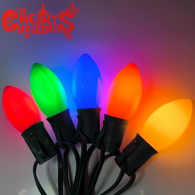 C9 LED Christmas Light Replacement Bulbs, 25 Pack C9 Ceramic Multicolor Glass Light Bulbs, Vintage Christmas Bulbs for Xmas Indoor Outdoor String Lights, E17/C9 Intermediate Base, 0.6 Watt
