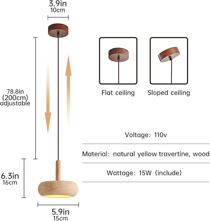 Wabi Sabi Pendant Light Natural Stone Shade Nordic Wood Chandelier,Yellow Travertine Cave Lamp, Japanese Style Lights 15W,Natural Stone Lights for Dining Room Bedside Kitchen Island Hallway