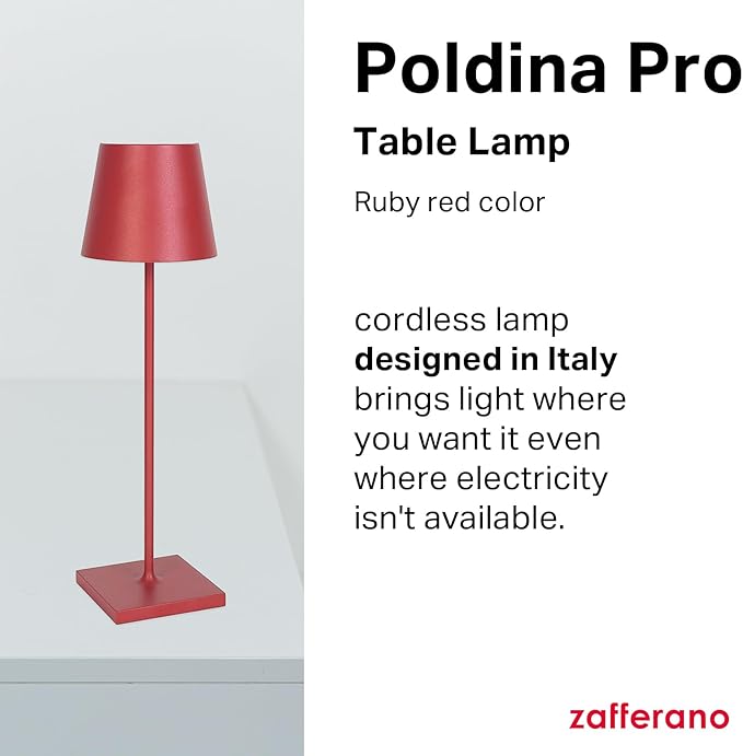 Zafferano, Poldina Pro Lamp, Rechargeable Cordless Table Lamp with Touch Controls, Suitable for Indoor and Outdoor, Dimmer, 2200-3000 K, Height 14.9 Inches, Ruby Red Color