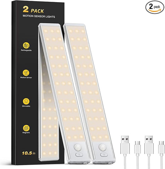 Under Cabinet Lighting - 10.5" Motion Sensor Light Indoor, Magnetic Wireless Closet Lights, Dimmable Led Night Light, Rechargeable Under Counter Lights for Kitchen, Bedroom, Stair, 2 Pack