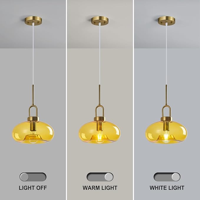 Yellow Glass Pendant Lights Kitchen Island Gold Pendant Light Fixtures Adjustable Height Modern Pendant Lighting for Bedroom Dining Room (11.02 in 1-Pack)