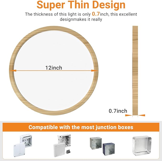 slochi 1Pack LED Flush Mount Ceiling Light Fixture, 12 Inch 24W, 3200LM, Super Slim 0.7 Inch, 3000K-6500K Adjustable Low Profile LED Ceiling Lights for Bedroom, Kitchen, Hallway(Wood)