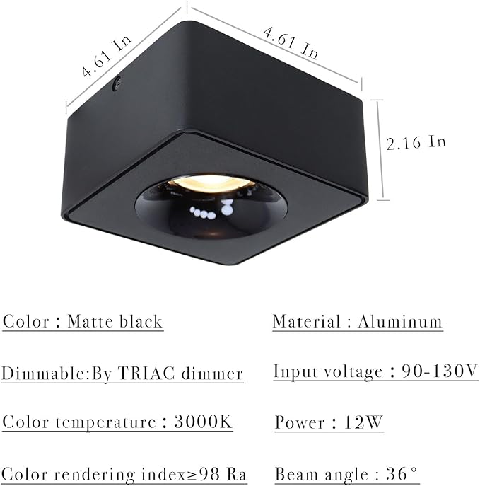 LED Dimmable Square Ceiling Spotlight Aluminum Black Wide 4.61 in Ultra-Thin 2.16 in Downlight Modern Ceiling Mounted Spot Light Fixture for Living Room Hallway Foyer CRI 98 12W 3000K 002