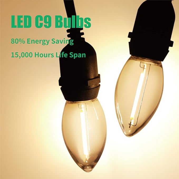 Meconard C9 Led Replacement Christmas Light Bulbs, 100 Pack C9 Shatterproof Plastic Led Bulbs for Christmas Outdoor String Lights, E17 Intermediate Base, Commercial Grade Holiday Bulbs, Warm White.