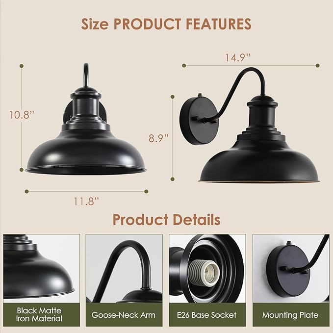 Dusk to Dawn Outdoor Wall Light Fixtures,12" Black Barn Wall Light with Gooseneck, Farmhouse Exterior Waterproof Wall sconces with Dome Shade for House Porch, Garage,Patio, 1Pack