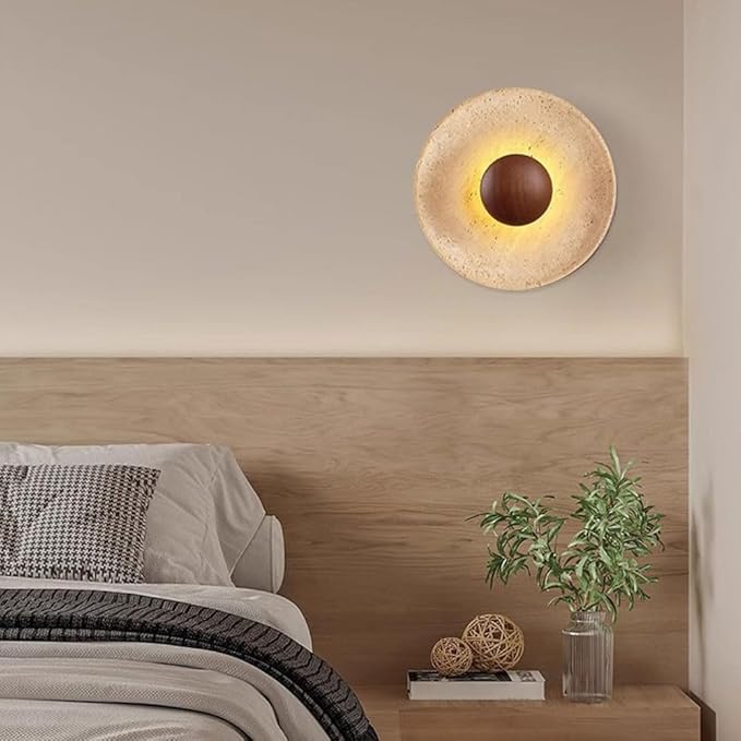 Wall Sconce American Retro Minimalism Wall Light Round Yellow Travertine Interior Wall Lamp 7W LED Warm Light 3000K travertine sconce Wooden Decoration Living Room Wall Lighting