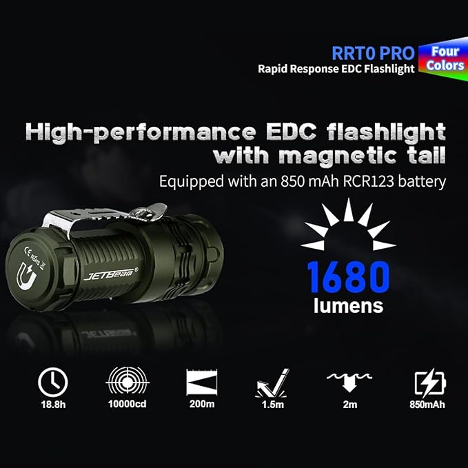 JETBeam RRT0 PRO led Flashlight,1680 Lumens flashlights high lumens Equipped with 3 High-Brightness LED with RGB Light IP68 Portable Pocket Clip Magnetic Flashlight for Camping, Checking,Emergencies