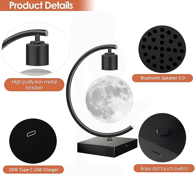 Magnetic Levitating Moon Lamp with Bluetooth Speaker 18W Fast Charger for iPhone iPad Samsung Galaxy Smart Watch Floating 3D Moon Magnet Planet Globe LED Night Light Colorful Christmas Gift