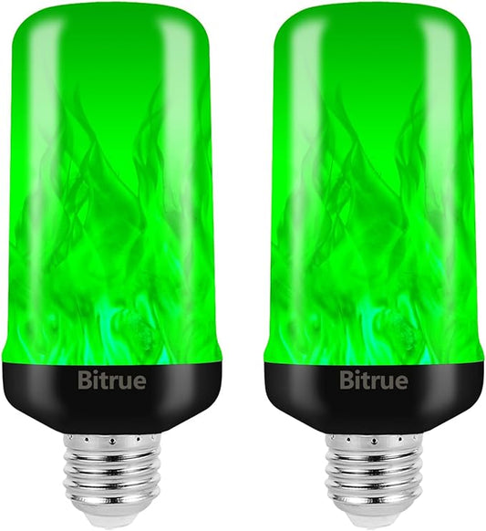 Bitrue LED Flame Light Bulbs, 4 Modes Green Flame Effect Bulbs, E26 Base Fire Light Bulb with Gravity Sensor, Flickering Light Bulbs for Halloween Home Decor(Green 2 Pack)