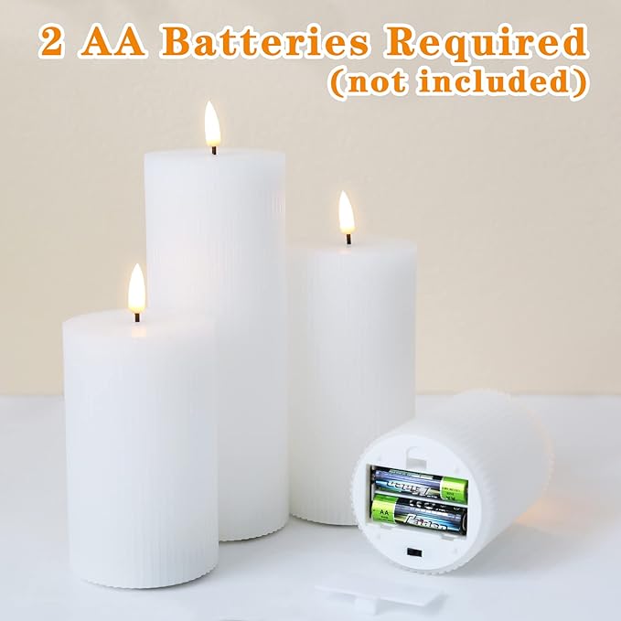 White Ribbed Flameless Pillar Candles with Remote, Flat Top Flickering LED Wax Battery Candles Set of 4, Φ 3" H 4" 5" 6" 8"