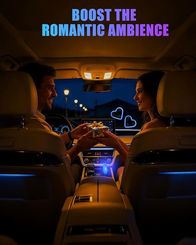 Valentines Day Decorations Car LED Interior Lights, Solar & Type-C Rechargeable Heart-Shaped Car Ambient Lights, 2 PCS Heart Lights & 2 PCS Mini USB Lights, Blue Car Decorations