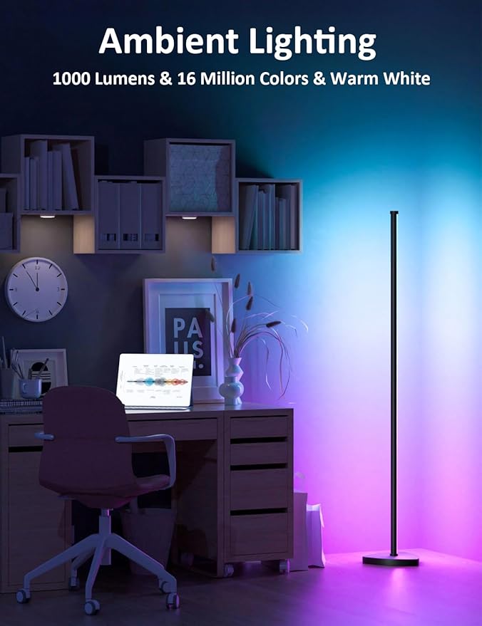 Corner Floor Lamp, 57.5" LED Corner Lamp with APP and Remote Control, 16 Million Colors & Dynamic Modes, Music Sync, Timing Function, Color Changing Ambient Light for Living Room, Bedroom, Gaming