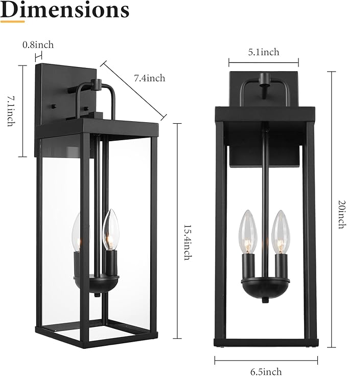 Outdoor Wall Sconce Lights, 20 Inch Tall Transitional Exterior Wall Lighting with Clear Glass, Modern Black Carriage Lantern Lamp Outside for Front Porch Garage Garden Patio Corridor Doorway