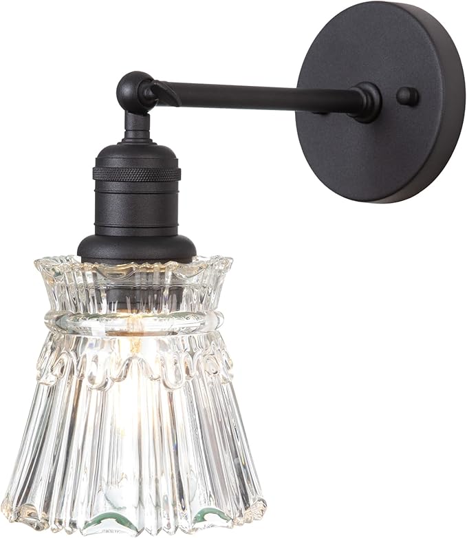 Yosoan 1-Light Vanity Indoor Wall Sconce, Brass Vintage Industrial Single Modern Light Hardwired Fixture Lamp with Petal Stripes Glass Shade for Bedroom Bathroom Kitchen Living Room Hallway(Black)