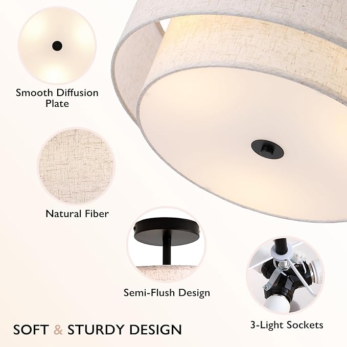 16" Double Drum 3-Light Semi Flush Mount Ceiling Light, Classic Fabric Linen Shade Design for Living Room, Bedroom, Kitchen, Dining Room, Hallway and Entryway