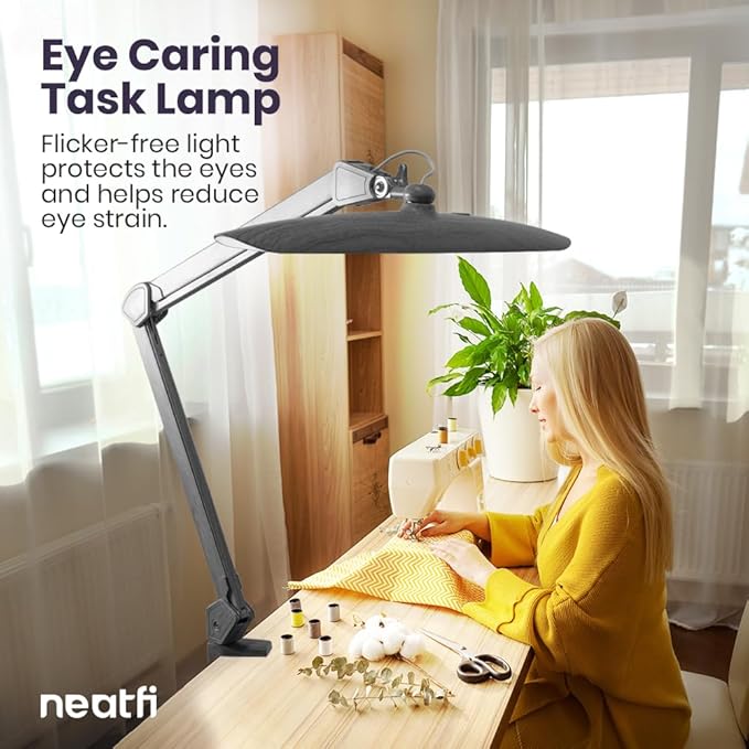 Neatfi XL 2200 Lumens 24W LED Desk Lamp with Clamp - Shadow-Free Task Lighting | 4-Level Dimming | Home Office & Crafts Use | 20-Inch Wide Head (Non-CCT, Gray Wood)