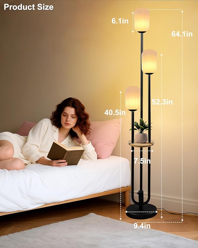 Floor Lamp for Living Room, Dimmable Vintage Floor Lamp with Shelf & LED Bulbs, 3 Light 3000K Soft Warmwhite Mid Century Standing Lamp, Tall Lamps for Bedroom Office