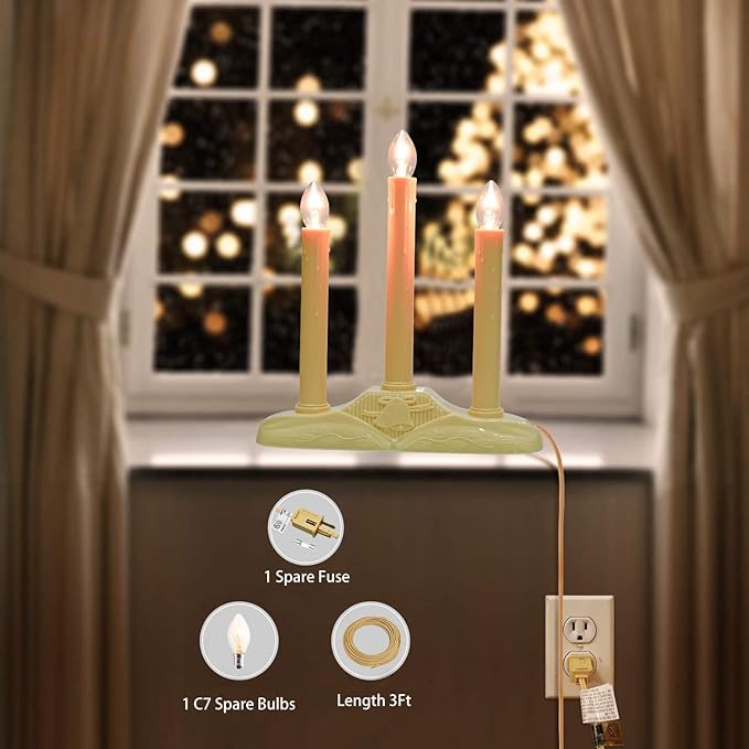 GOOTHY 3 Light Electric Candle Candoliers, Christmas Window Candles Lamps with 4 C7 Clear Bulbs (1 Spare Bulbs), Ivory Bases with 3 Foot Wire, 5W Plug in Candle Lamp, Ready to Use