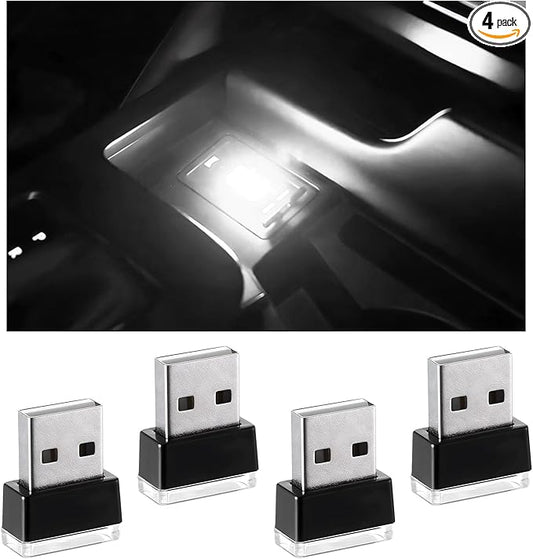 4 PCS USB LED Car Interior Atmosphere Lamp, Portable Plug-in 5V USB Car LED Interior Lighting Night Lamp, Mini USB Ambient Lighting Decor for Home Car Laptop Keyboard (White)