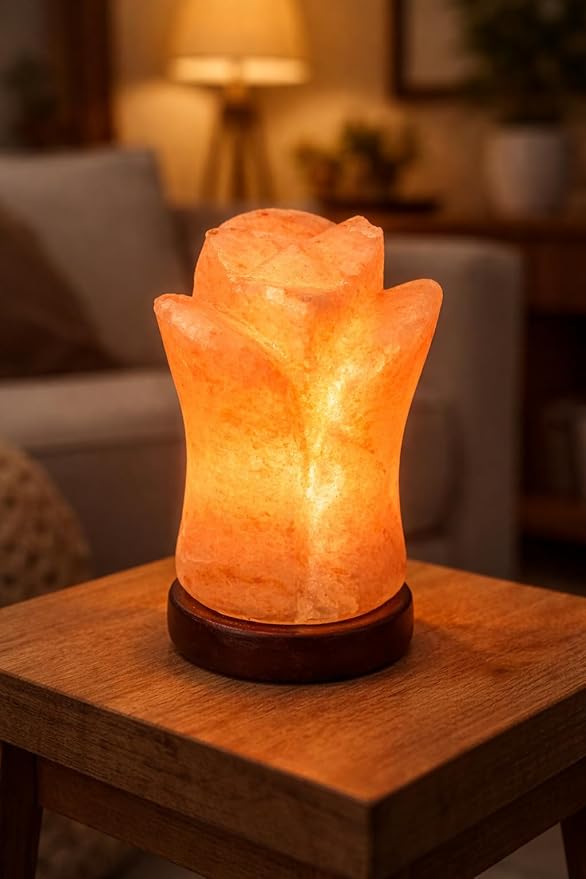 Himalayan Pink Salt Lamp – Flower Shape – Hand-Carved Natural Crystal Salt Rock with Wooden Base Ideal Gift & Home Décor
