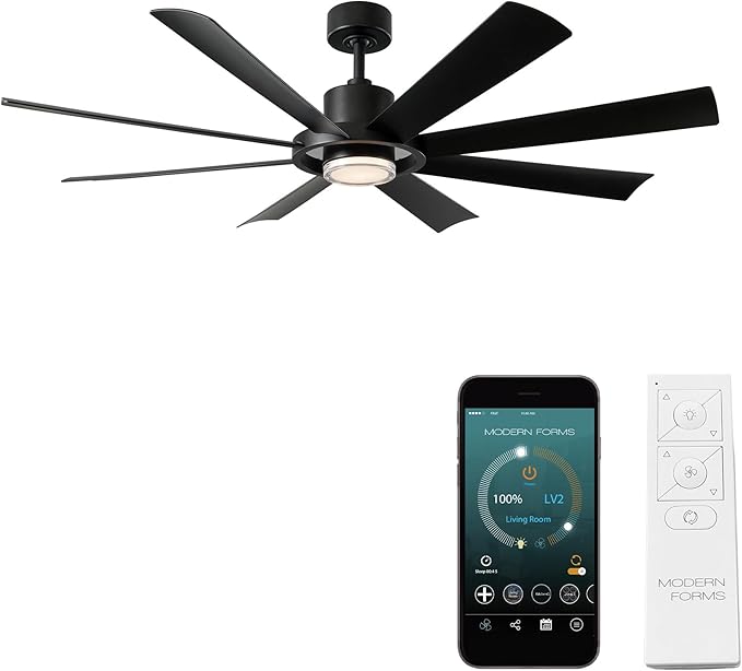 Modern Forms Aura Indoor and Outdoor 8-Blade 60in Smart Ceiling Fan in Matte Black with 2700K-3000K-4000K-5000K Selectable LED Light Kit and Remote Control works with Alexa and iOS or Android App