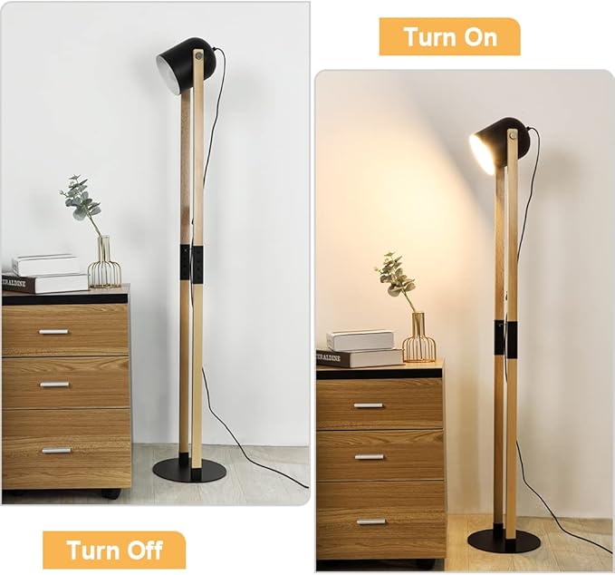 Depuley Modern Floor Lamp, Wooden and Metal Floor Lamps for Living Room, 360° Heads Rotatable Standing Light with Pressure Switch, Reading Lamp for Bedroom Office Decoration, E26 Bulb Included