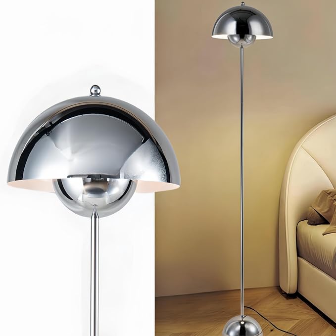 COSYLUX Modern Floor Lamp for Living Room, Industrial Tall Standing Lamp for Bedroom, Metal Shade Reflecting Light Reading Floor Lamp for Office, Nursery Room, Corner(Chrome)