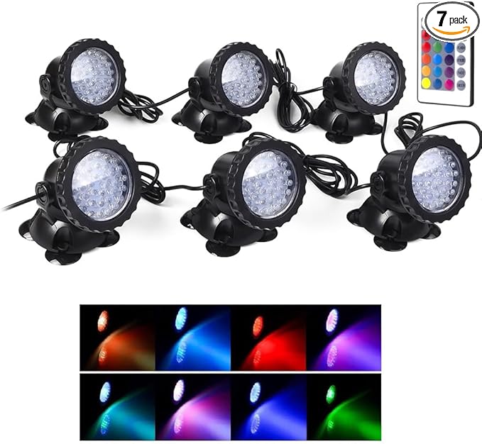 SHOYO Pond Lights Colored with Timer, Underwater Fountain Lights Submersible Memory Dimmable IP68 Waterproof Spotlights for Outdoor Garden Yard Lawn Water Pond Fountain (6 Lights)