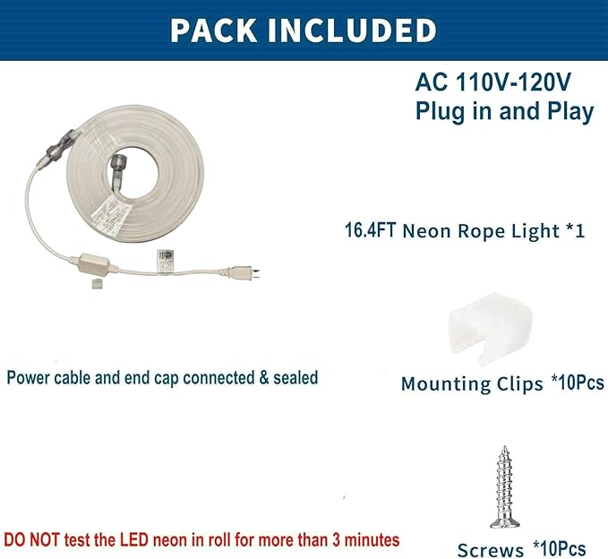 FORT Led Neon Rope Lights for Outside Outdoor Waterproof 16.4Ft 110V 120V Plug in Warm White led Strip Lights with 120 LEDs/m for Home Commercial Garden Patio Yard Holiday Party ETL FCC