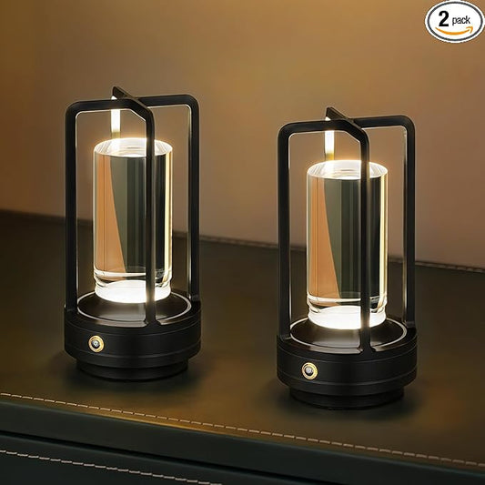 Rechargeable Table Lamp Cordless, 3 Color | Crystal | Stepless Dimming, for Dining Room, Living Room, Bar, Cafe, Restaurant, Patio, Camping, Pack of 2 (Black)
