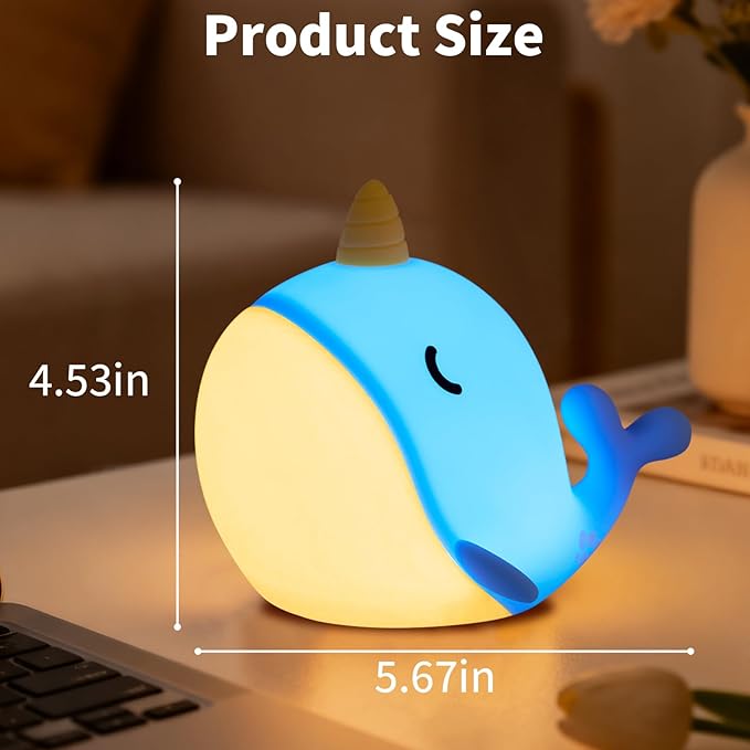 Cute Narwhal Night Light, Tap Control with 3 Warm White Brightness, USB Kids Bed Lamp with 30-Minute Timer, Soft Silicone Glow for Nursery, Birthday Gift (Blue Narwhal)