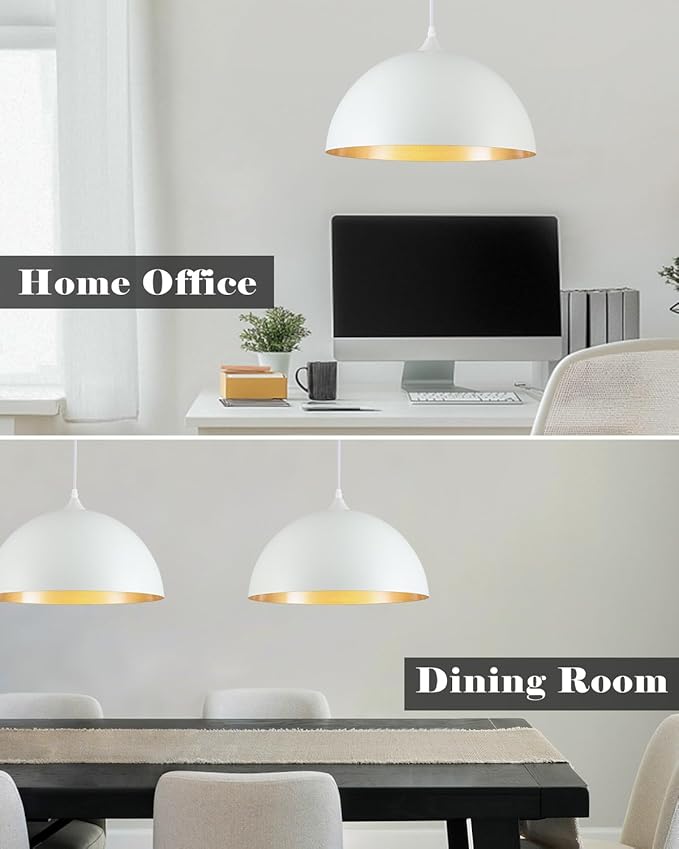 White and Gold Dome Pendant Light, 16 Inch Large Pendant Lights, White Pendant Lights Kitchen Island, Large Industrial Pendant Light for Kitchen Island, Dining Room, Cafe, Bar, 2 Pack