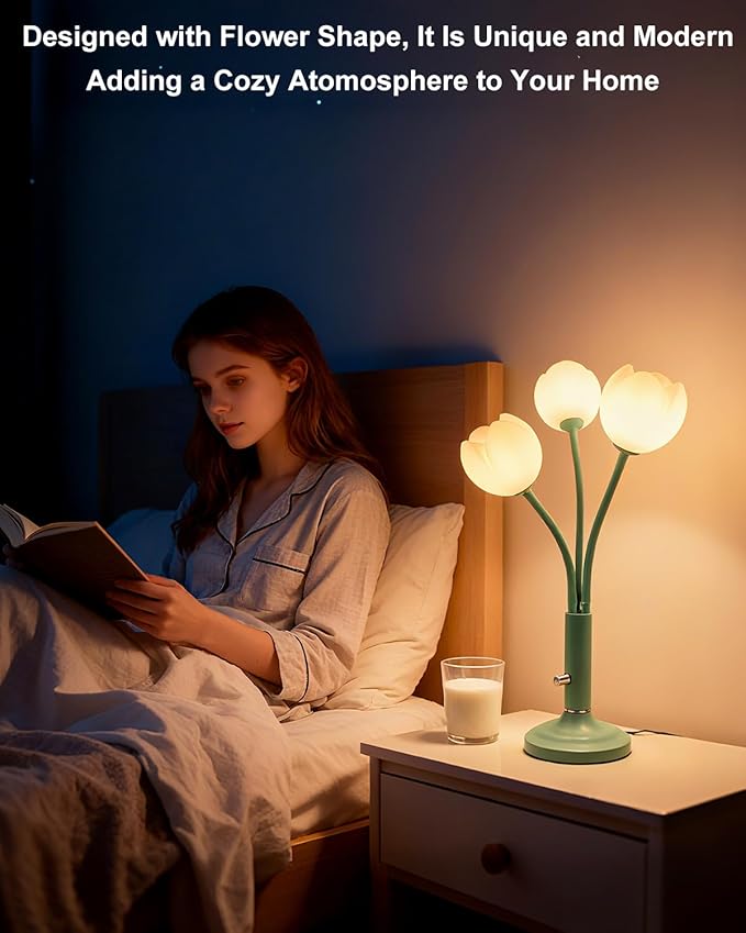 Lightdot Vintage Flower Table Lamp Set of 2, Green Small Cute Bedside Lamp with Adjustable Gooseneck& Bulbs, 3000K Warm Light Dimmable Desk Lamps Nightstand Light for Bedroom Living Room