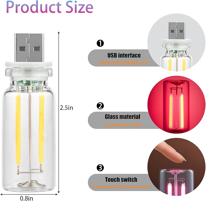 2 Pack Car LED Lights Interior, USB Light for Car Decor & Bedroom, Touch Dimmable Ambient Lighting, Mini Glass Bottle Night Light for Camping Gifts-Purple