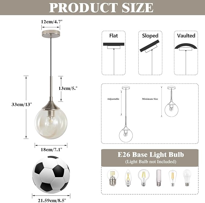 KCO Lighting 7.1" Amber Glass Pendant Light Brushed Nickel Pendant Lighting Modern Globe Pendant Light Mid Century Hanging Light Small Pendant Lights for Kitchen
