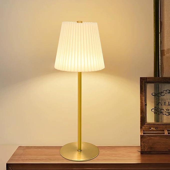 Mini Table Lamp Cordless, 5200mAh LED Mini Lamps Gold Fabric Pleated Shade small Battery Operated Lamp with 3 Colors Stepless Dimming Touch Lamps for /Bedroom/Bars/Outdoor Party/Camping,1 Pack