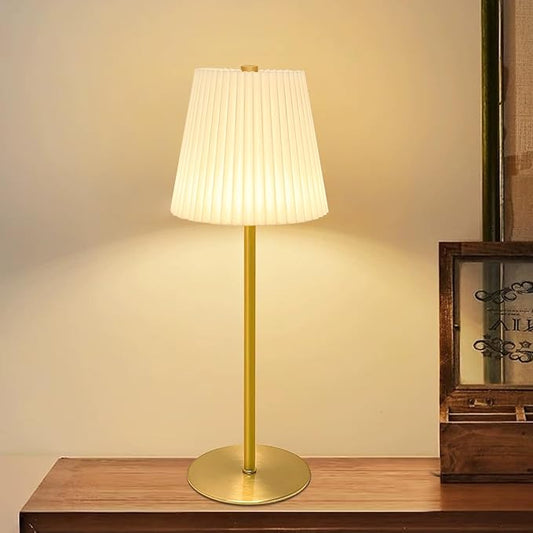 Mini Table Lamp Cordless, 5200mAh LED Mini Lamps Gold Fabric Pleated Shade small Battery Operated Lamp with 3 Colors Stepless Dimming Touch Lamps for /Bedroom/Bars/Outdoor Party/Camping,1 Pack