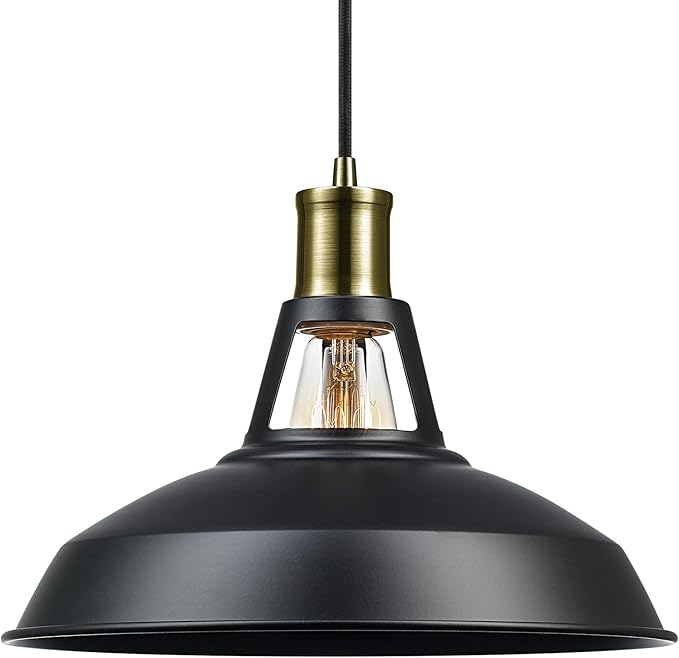 GLOBE Electric 65712 Robin 1-Light Plug-in or Hardwire Pendant, Satin Black, Antique Brass Accents, 15ft Black Woven Fabric Cord, in-Line On/Off Rocker Switch
