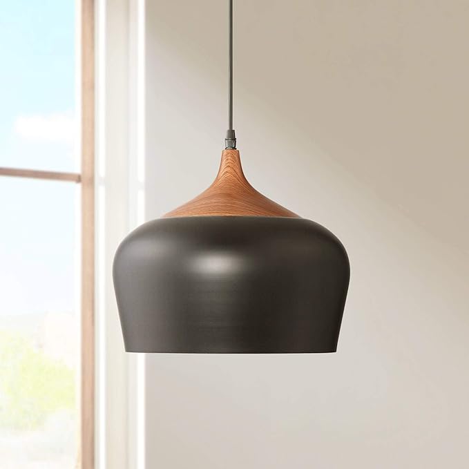 Possini Euro Design Felton Black Mini Pendant Lighting Fixture 12" Wide Farmhouse Rustic Wood Detail for Dining Room Living House Home Foyer Kitchen Island Entryway Bedroom High Ceilings