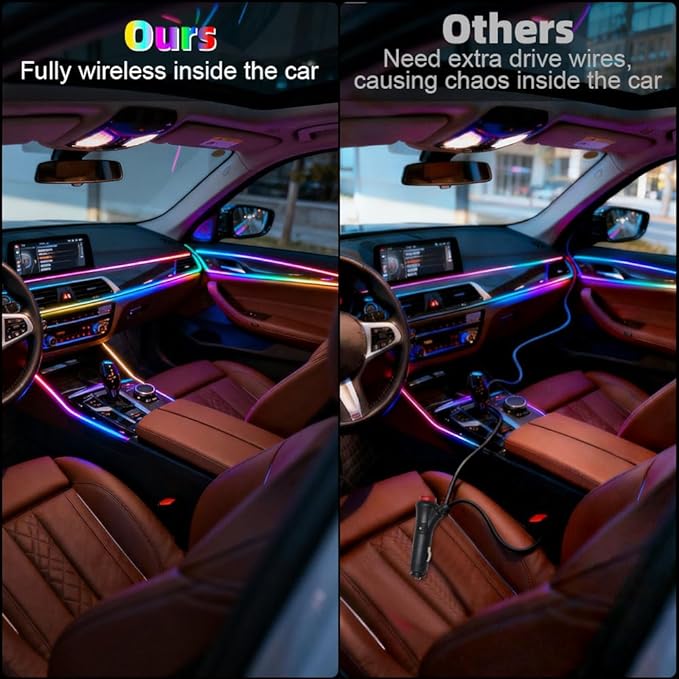 Acrylic Interior Car Ambient Lighting Kits, LED Strip Lights with Wireless APP, Neon Fiber Optic Lights Function LED Strip for Car with Music Modes (18 in 1)