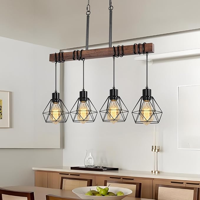 4-Light Modern Farmhouse Chandelier for Dining Room - Black Metal & Rustic Wood Kitchen Island Lighting with Adjustable Height, 29.5" Linear Pendant Light Fixture with Diamond Shades, UL Listed