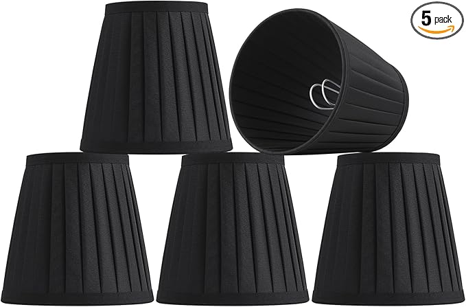 5 Pack Black Silk Pleated Chandelier Shades, 4" Top x 6" Bottom x 6" High, 4x6x6 Inch Clip On E12 Bulb, Pendant Light Wall Sconce Lamp Shades, Silk-Pleat Handmade Barrel Lampshade Covers(Large Size)