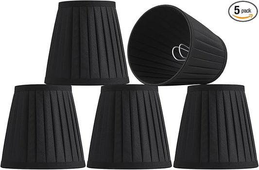 5 Pack Black Silk Pleated Chandelier Shades, 4" Top x 6" Bottom x 6" High, 4x6x6 Inch Clip On E12 Bulb, Pendant Light Wall Sconce Lamp Shades, Silk-Pleat Handmade Barrel Lampshade Covers(Large Size)