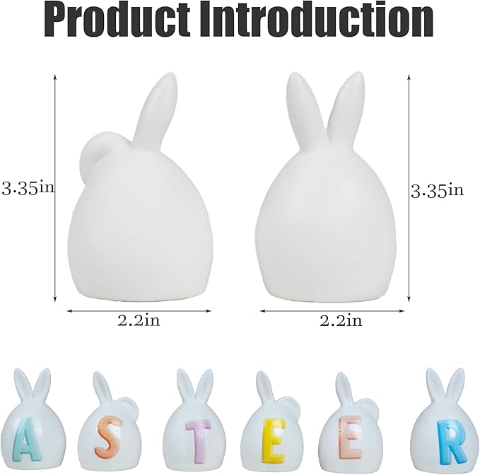 NEROSUN 6 Pack Easter Lettered Bunny Decorations, Ceramic Lighted White Rabbit Figurines Ornaments, Table Centerpiece for Easter Party, Spring Home Decor and Shelf Display