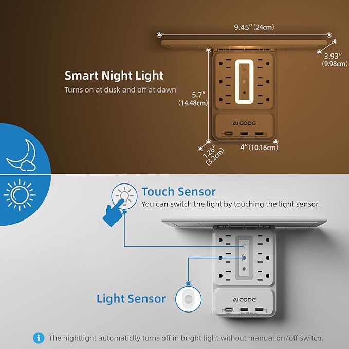 Socket Outlet Shelf,Wall Outlet Extender Surge Protector with Nightlight,6 Outlets with 3 USB Ports(1 USB C) Plug Expander Charger Shelf with Storage for Home,Dorm