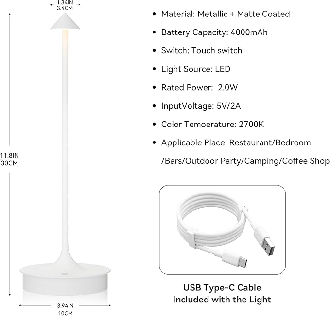 Set of 2 Small Cordless Table Lamp Rechargeable, Battery Operated Desk Lamp, 4000mAh LED Touch Lamp, Dimmable Portable Outdoor Waterproof Wireless Table Light for Restaurants/Bars/Outdoor（White